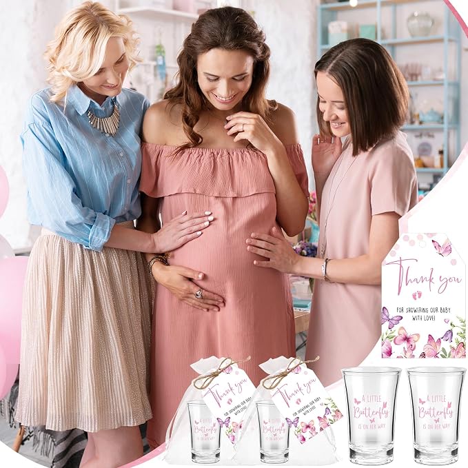 Pickmesh 50 Sets Butterfly Baby Shower Shot Glasses for Guests Include Acrylic a Little Butterfly Is on The Way Shot Glasses Purple Cards Organza Bags for Spring Summer Party Decorations