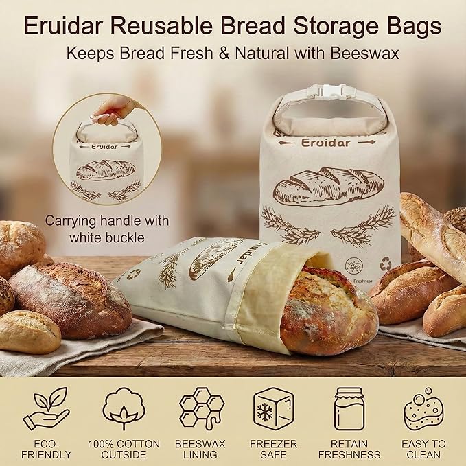 Beeswax Bread Bags for Sourdough & Homemade Bread (2 Pack), XL 13"x17" Large Reusable Cotton & Linen Bread Bag, Keep Loaves Fresh Longer, Natural & Easy to Clean(Rustic Bread Print)