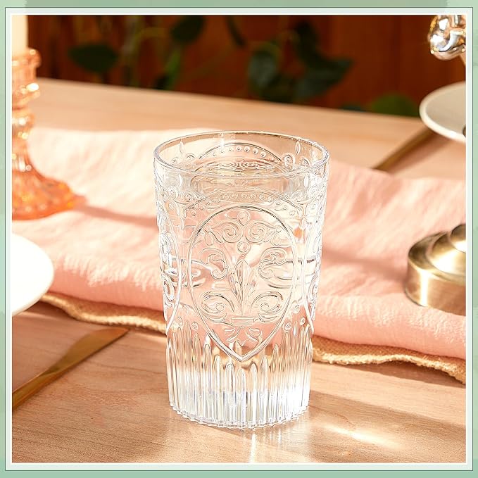 24 Pcs 16 oz Plastic Vintage Drinking Glasses Stemless Ribbed Highball Glasses Bulk Embossed Reusable Cup for Water Beer Cocktails Juice Wedding Bridal Shower Birthday Event Party (Clear)