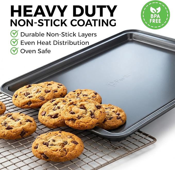 PERLLI Non-Stick 3-Piece Baking Pan Set – Carbon Steel with Even Heat Distribution, Oven Safe to 446°F, BPA-Free, Dishwasher Safe, Stackable Baking Tools for Easy Storage and Everyday Cooking - Gray