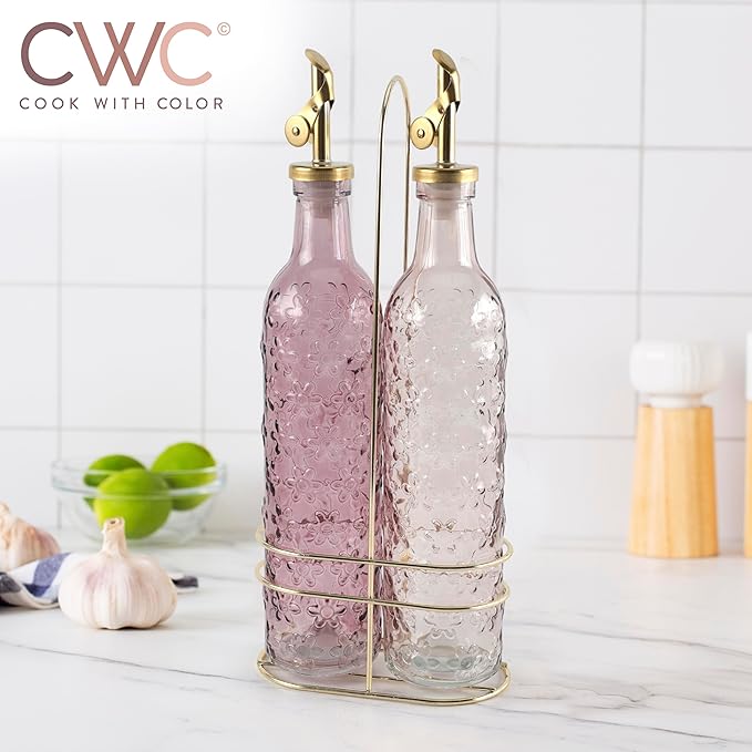 COOK WITH COLOR Glass Olive Oil Bottle Dispenser - 2 Pack- 17oz Oil and Vinegar Cruet - Olive Oil Carafe Decanter for Kitchen, Floral, Pink