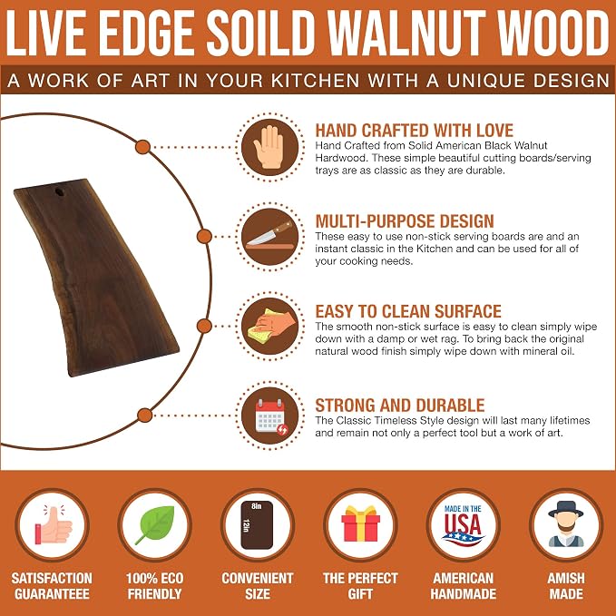 Live Edge Black Walnut Cutting Board, American Amish Handmade, Each Cutting Board is Unique, X Large Cutting Board 10" x 15"…