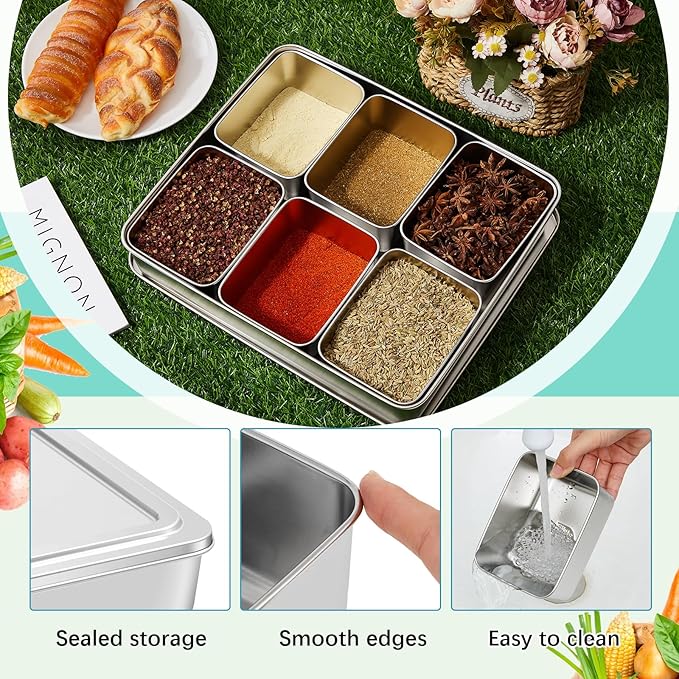 Boao 6 Compartment 304 Yakumi Pans Stainless Steel Seasoning Condiment Container with Lids Spoons, Japanese Yakumi Pans Mini Sauces Salad Dressings Storage for Food, Herbs, Spices