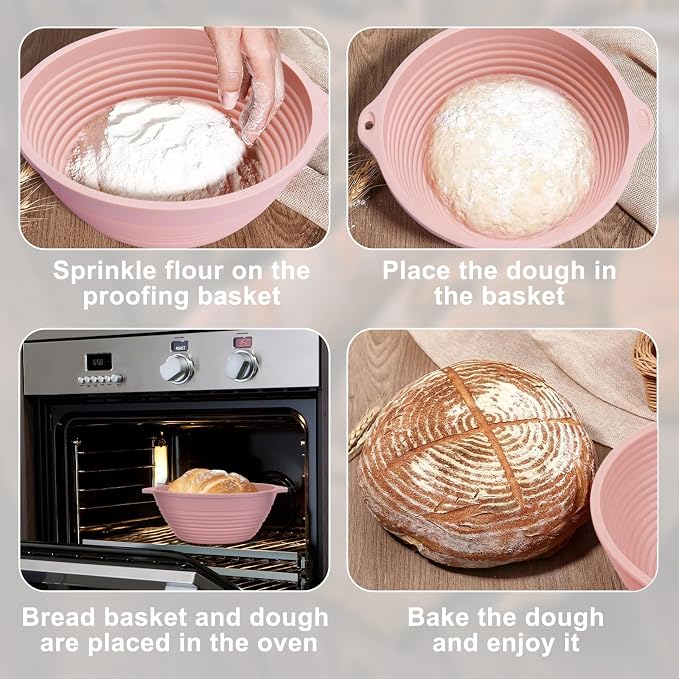 Upgraded 2 Pcs 9" Foldable Silicone Banneton Bread Proofing Baskets Round | with Handle, Reinforced Rim Support, Oven&Dishwasher Safe, BPA-Free, Non-Stick Dough Proofing Bowl, Sourdough Baking Supplies