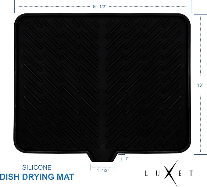 Luxet Silicone Dish Drying Mat with Built-in Drain Lip - Hygienic Drying Pad - Sturdy Compact Easy to Clean Tray Protects Surfaces Prevents Water Build Up -16.5 x 13 Inches (black)