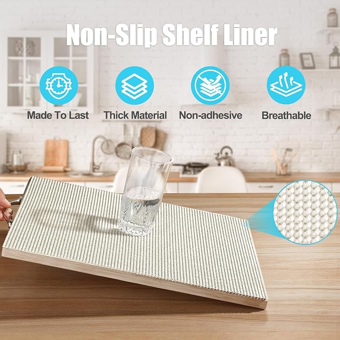 Songrey Non-Adhesive Drawer and Shelf Liner, Non Slip Cabinet Liners, Protect Kitchen Cupboard, Bathroom Drawers, Breathable, Thick Strong Grip mat (12IN x 10FT, Cream)