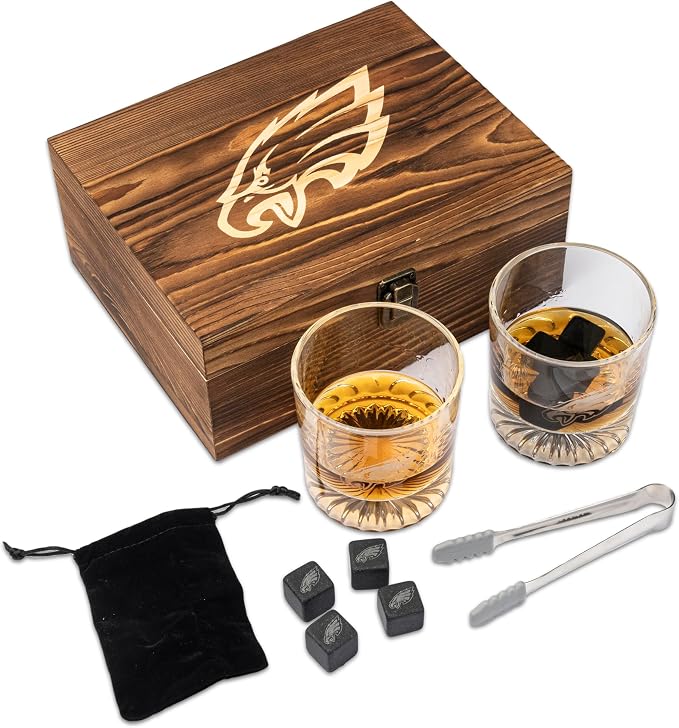 The Memory Company Officially Licensed NFL Wood Boxed Drinkware Set, with 2 Rocks Glasses and Cooling Cubes, Philadelphia Eagles