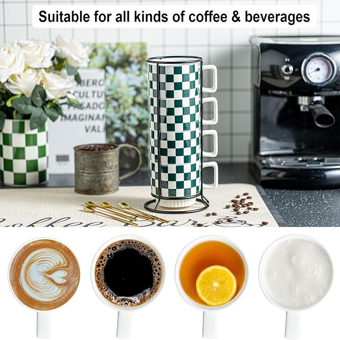 Miamolo Coffee Mugs with Stand and Spoons, Stacking Space-saving | 11oz, Set of 4 | Checkered Coffee Mug with Rack | Housewarming Birthday Gift | Dishwasher Safe | for Home Kitchen Office