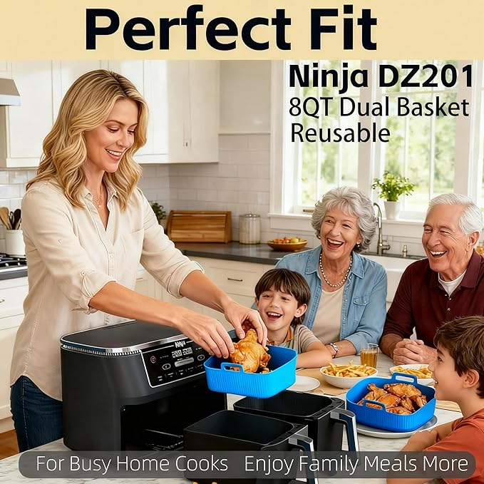 Ninja Silicone Air Fryer Liners - Reusable 8QT Dual Basket DZ201 - Rectangular 2-Pack Vacuum-Packed Easy-Clean Dishwasher-Safe Food-Safe for Home Chefs - Housewarming Gifts