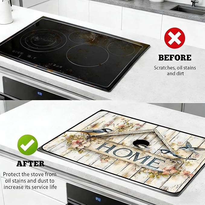 Stove Top Cover for Electric Stove, Vintage Farmhouse Style Glass Cooktop Protector, Multi-functional Kitchen Counter & Washer Top Cover
