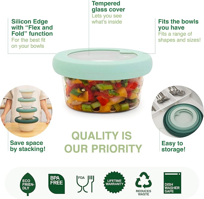 Food Huggers Replacement Lids for Glass Storage Containers | Silicone & Glass Lids that Don’t Crack | Fits Most Round Container Brands & Bowls | 100% Plastic Free | 2 Lid Set (S,M), Gradual Green