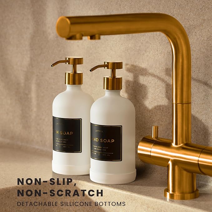 Hand and Dish Soap Dispenser for Kitchen and Bathroom, Set of 2 16 Oz Glass Bottles, Stainless Steel Pumps, Non-Slip Silicone Base, 27 Waterproof Labels (Matte White Bottle/Brushed Gold Pump)