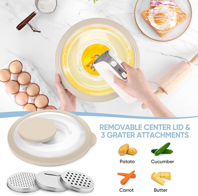 TeamFar 4-1 Colander with Bowl Set, Rotatable Colander for Kitchen, Stainless Steel Food Strainers and Colanders Mixing Bowl with Graters, for Veggies Fruits Washing, Pasta Straining - Khaki