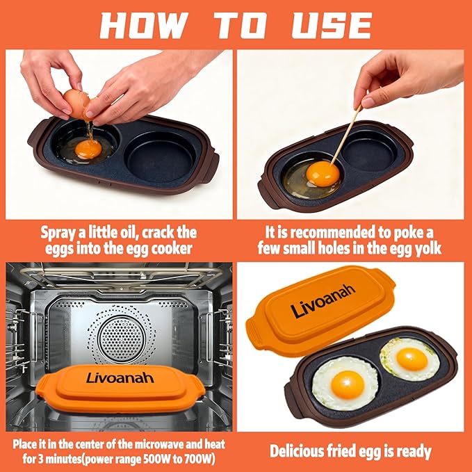 Microwave Egg Cooker for 2 Eggs - Microwave Egg Poacher & Fryer for Breakfast Sandwiches, Quick Breakfast Maker, Nonstick, Dishwasher Safe, BPA-Free, Portable for Home, Travel & RV (Orange)