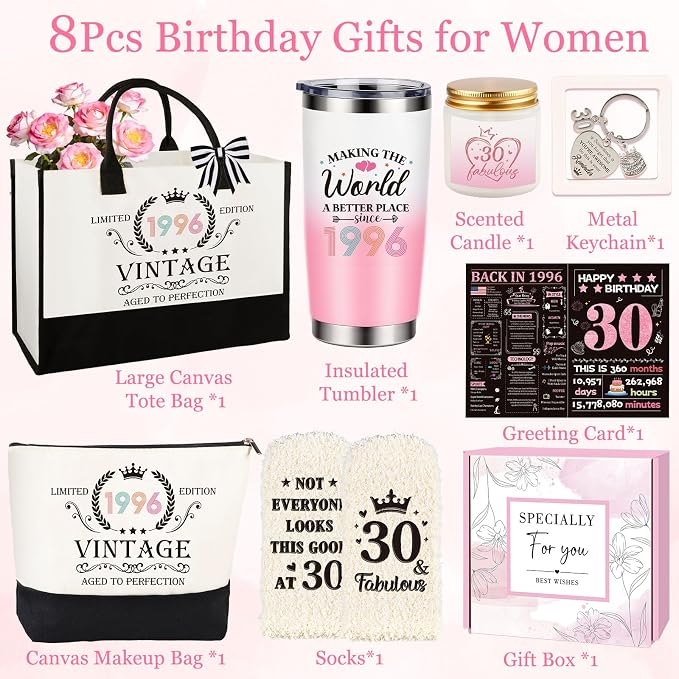 30th Birthday Gifts for Women, Vintage 1996 Happy 30th Birthday Gifts Basket for Women Unique Gift Ideas for 30 Year Old Female, Wife, Girlfriend, Sister, Friend, Funny Bthday Gift Turning 30 Year Old