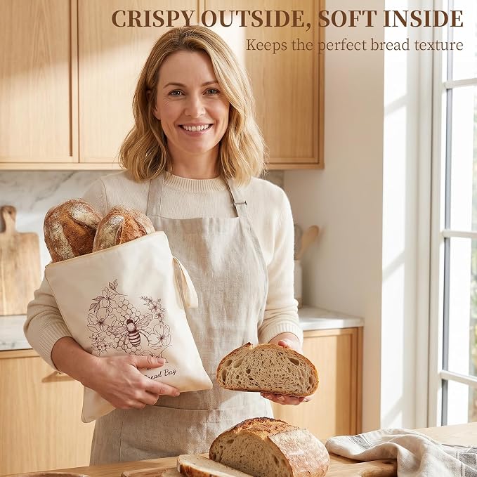 Beeswax Sourdough Bread Bags with Wide Zipper Access, 2 Pack XL 13" x 17" Reusable Linen Cotton Bread Bags for Homemade Bread, Helps Maintain Crust & Freshness (Double-Sided Print Design)