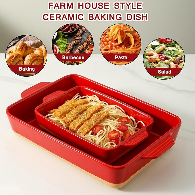 Ceramic Baking Casserole Dish with Handles, Large 9x13 inch Pan and Middle Baking Pan - Porcelain Serving Bakeware Set (Vintage Red)