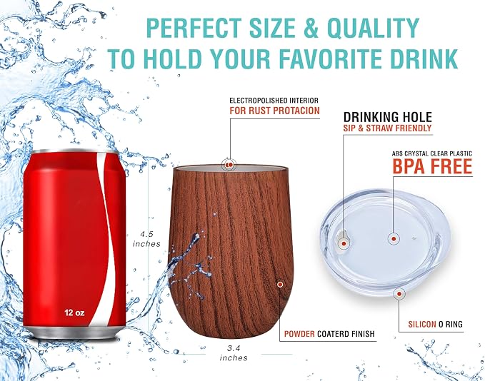 CHILLOUT LIFE 12 oz Stainless Steel Wine Tumbler with Lid - Double Wall Vacuum Insulated Wine Cup Glass Keeping Cold & Hot for Coffee, Champagne, Cocktails, Ice Cream - Wood