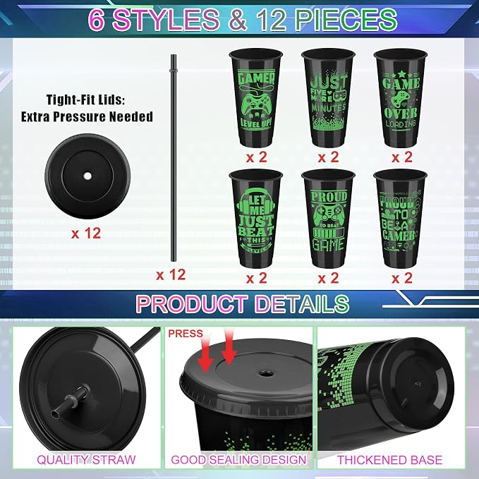 Kochorie 12 Pieces Video Game Plastic Cups 24 Ounces Gaming Party Cups with Lids and Straws Black Green Video Game Tumbler Cups for Birthday Party Video Game Party Supplies Tableware