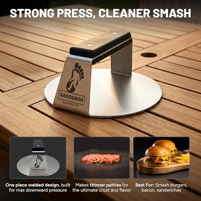 Sasquash Smash Burger Press, Heavy Duty Welded Meat Press Round, 6 Inch Stainless Steel, Flat Handle Hamburger Smasher Tool for Grill, Skillet, Cast Iron Cooking, Kitchen Accessories