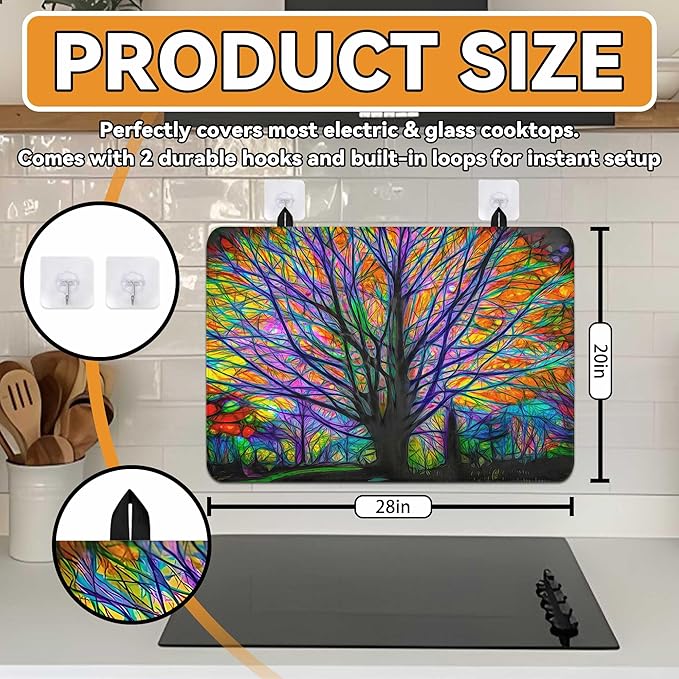 Decorative Stove Top Covers for Electric Stove 28"x20" – Heat Resistant Glass Cooktop Protector Dish Drying Mat – Non-Slip Rubber Backing Washer Top Cover Waterproof Extra Counter Space (Tree 1)
