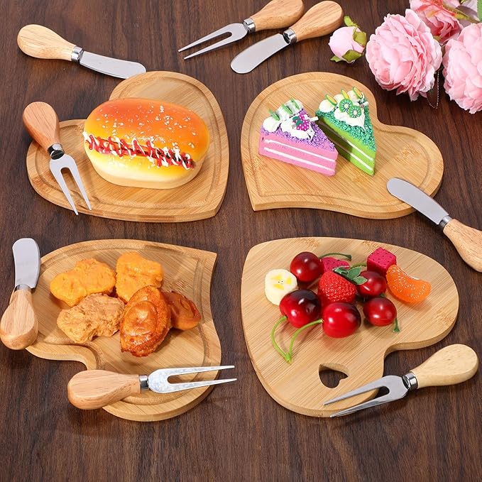 Nuogo 16 Set Wedding Bridal Shower Cheese Board Party Favors Wooden Mini Charcuterie Boards and Knives Set with Thank You Tags Bamboo Board Gifts for Guests Valentine Bridal Birthday Party(Heart)