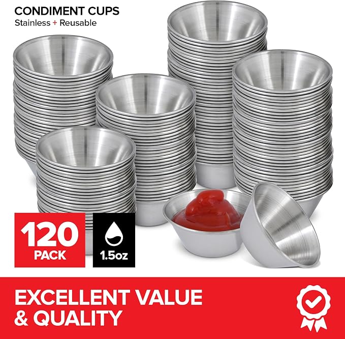 1.5 oz Stainless Steel Condiment Cups (120 Pack), Individual Portion Dipping Sauce Cups, Small Metal Ramekins for Ketchup, Marinara, BBQ Sauce, and More! Reusable Condiment Cups for Restaurants