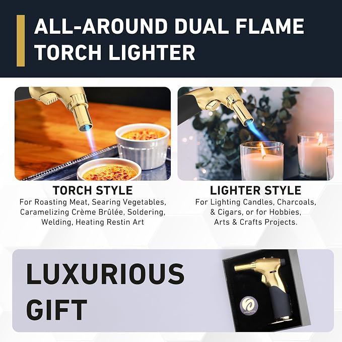 Dual Flame Butane Torch Gun - Refillable Luxury Hand Held Mini Blow Torch for Cooking, Creme Brulee, Soldering, Welding, & Resin Art - Adjustable Flame with Ignition Lock - Gold Black by inZaynity®