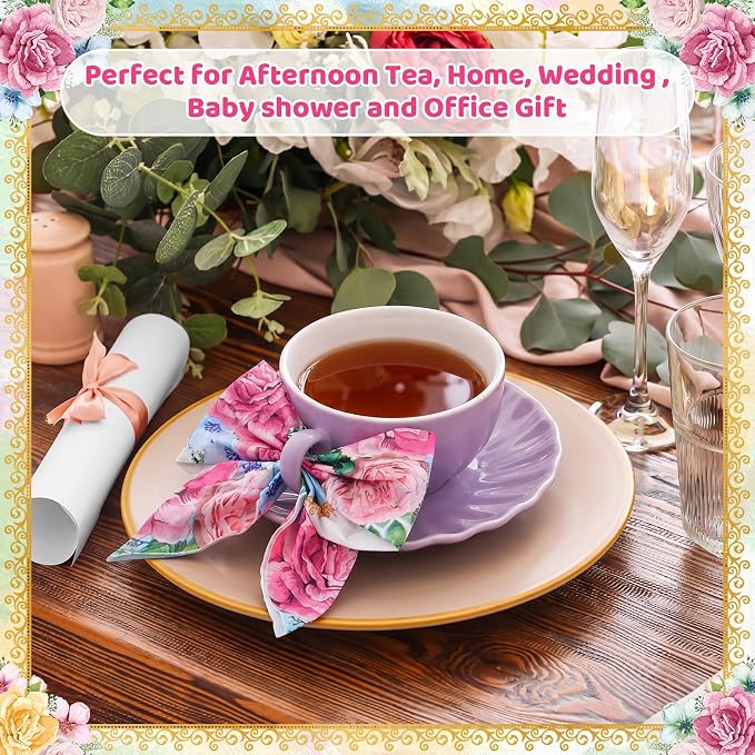 Set of 6 Tea Cups and Saucers Tea Party Decorations 5.4 oz British Cappuccino Cups with Saucers Floral Napkin Gift for Women Birthday Party Church Mother's Day