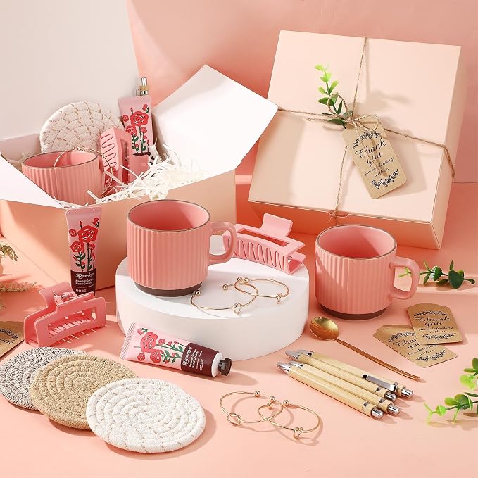 Reallnaive 61 Pcs Baby Shower Prizes for Game Winners Include Ceramic Mug Coaster Hand Cream Pen Spoon Bracelet Hair Clip Card Gift Box with Raffia for Guests Gender Reveal Bridal Shower Party(Pink)