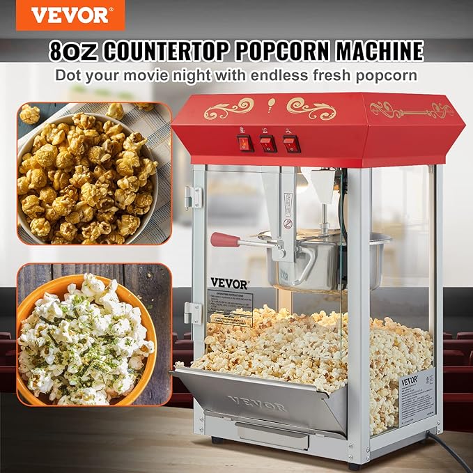 VEVOR Commercial Popcorn Machine, 8 Oz Kettle, 850 W Countertop Popcorn Maker for 48 Cups per Batch, Theater Style Popper with 3-Switch Control Steel Frame Tempered Glass Doors 2 Scoops 2 Spoons, Red | 48 Cups per Batch, Theater Style Popper with 3-Swi...