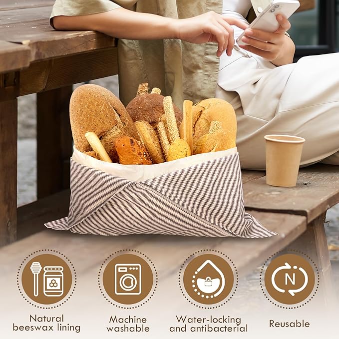 yeload 4 Pack Beeswax Bread Bags, Striped Linen Bento Bags, 14" Cotton Loaf Bag, Reusable Organic Food Storage, Sourdough Bag, Rustic Farmhouse Azuma Bukuro Origami Wrap for Baked Gifts (Black, 4)