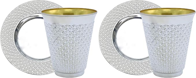 Exquisite 5.5 oz Disposable Plastic Kiddush Cup and Tatz Silver Cup and Saucer Set for Passover, Shabbat, Wedding, Brit and Year Round -10 Count - 5 Sets (Pack of 2)