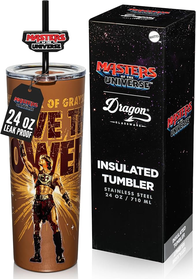 Dragon Glassware x Masters of the Universe (MOTU) Vacuum Insulated Stainless Steel Tumbler - 24 oz with Straw Charm - Official 2026 Movie Merch - I Have The Power