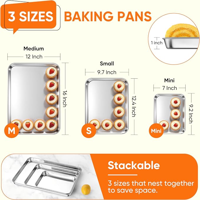 LIANYU 3 Pack Stainless Steel Baking Sheets, Cookie Sheet Pan for Baking & Roasting, 16/12.4/9.2 In, Toaster Oven Pan Cookie Baking Tray, Non Toxic & Heavy Duty & Easy Clean, Dishwasher Safe