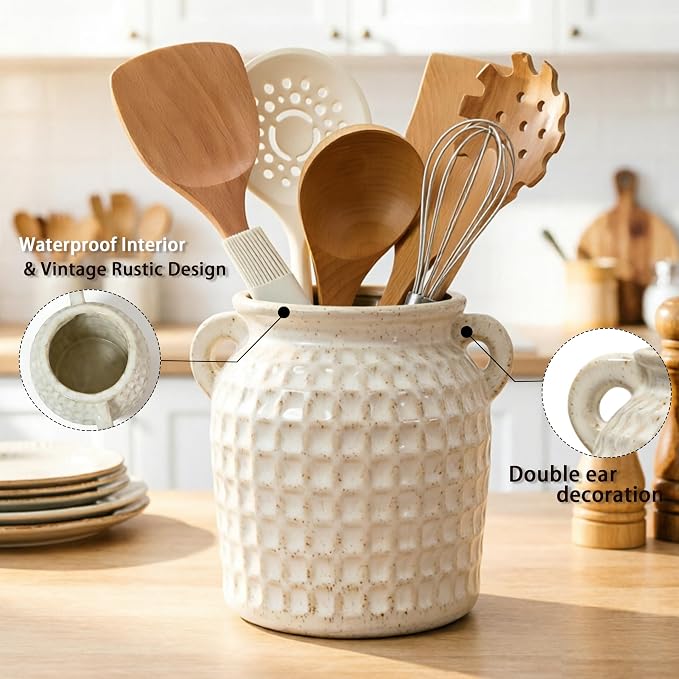 Rustic Kitchen Utensil Holder with Handle, 6.5" Ceramic Farmhouse Stable Utensil Crock for Countertop, Vintage Cooking Tool Organizer & Spatula Holder For Kitchen Decor (White)