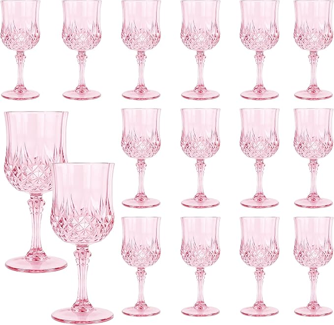 16 Pack Plastic Wine Glasses,10oz Unbreakable Vintage Style Goblets,Reusable Crystal Like Drinking Glass for Wedding Reception, Party Supplies (Pink)