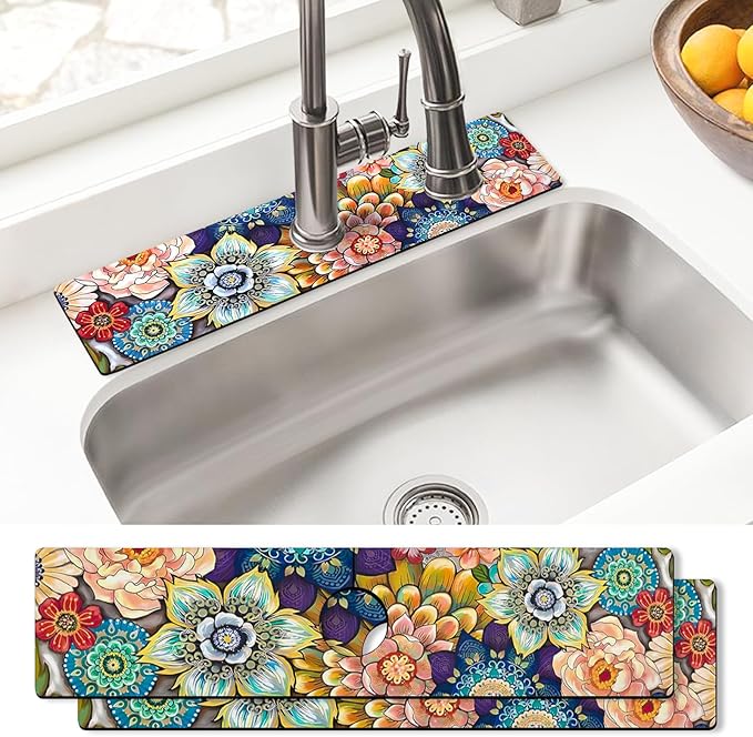 Sink Faucet Absorbing Mat, 2 Pack Drying Mat Around Faucet Sink Splash Guard Behind Faucet Sinkmat For Kitchen Bathroom Island Rv 24 * 5.5 Inch (60 * 14 cm)