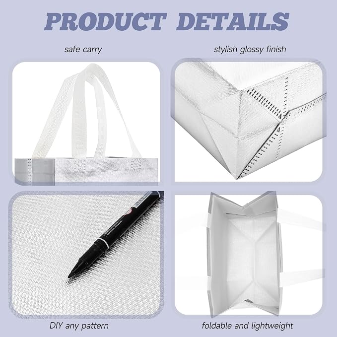 Eccliy Reusable Gift Bags Set Glossy Grocery Gift Tote Bag with Handle for Wedding, Bridal Shower, 4th of July, Summer Event(10 x 8 x 4.7 Inch,Silver,80 Pcs)