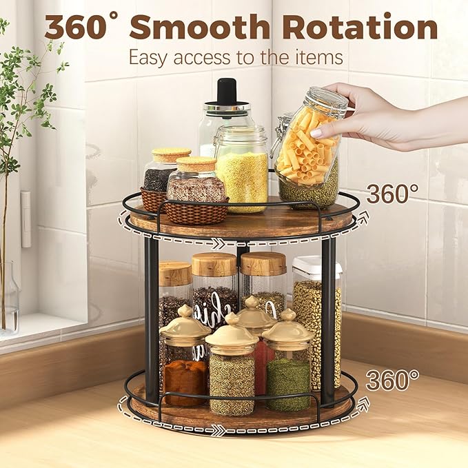 LAMU 2 Tier 9'' Lazy Susan and 10.2'' Wood Lazy Susan Turntable Organizer for Cabinet