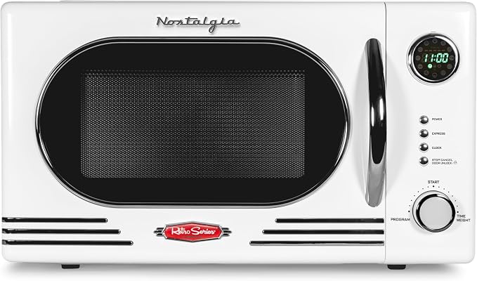 Nostalgia NRMO11WH6A 1000 Watt Power Retro Countertop Microwave Oven Easy to Clean with Removable Glass Turntable-Child Safety Lock-12 Programs-Digital Clock, 1.1 Cu Ft, White