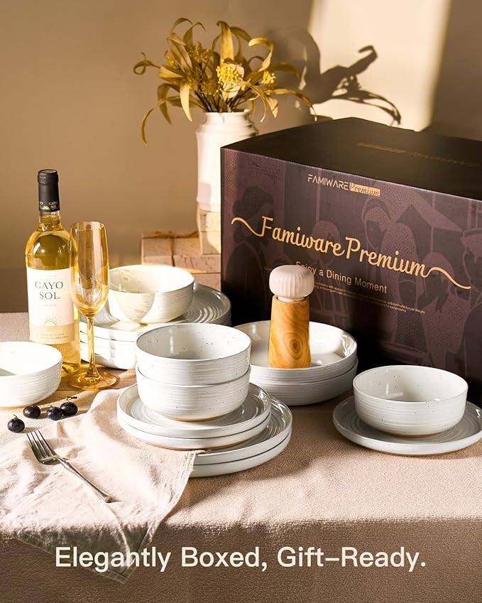 24-Piece Stoneware Dinnerware Sets for 8 - Coupe Plates and Bowls with Speckles & Spirals - Chip & Scratch Resistant, Microwave & Dishwasher Safe - Farmhouse Dishes - Gift Box, White