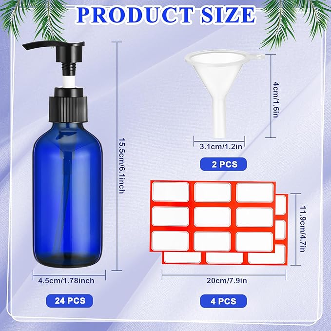 Tanlade Glass Pump Bottle Dispenser 4 oz Travel Bottles with Pump Refillable Glass Containers for Toiletries Lotion Liquid Soap Shampoo Essential Oils Cosmetic Travel Accessories (Blue,24 Pcs)