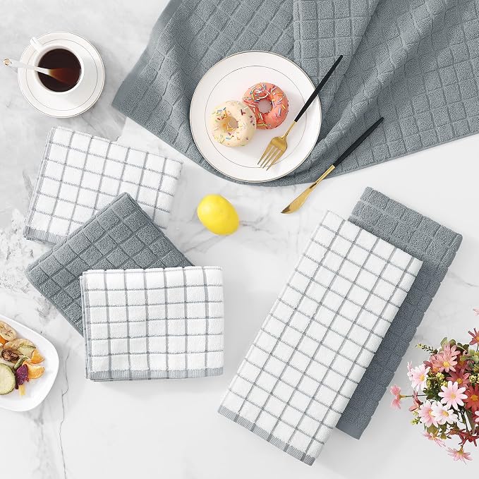 Homaxy Premium Cotton Kitchen Towels 16"x 28", Large Natural Ring Spun 390 GSM Dish Towels, Super Absorbent Terry Kitchen Hand Towels, Soft Tea Towels with Hanging Loop, Grey Check Design, 8 Pack