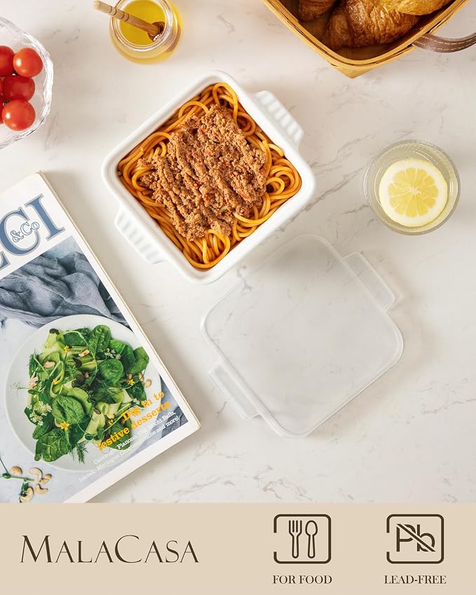 MALACASA Baking Dishes for Oven, Small Ceramic Baking Dishes with Silicone Lids for Individual Portions 5.5" x 5.5" Square Casserole Dishes Set of 2 Oven Microwave, and Air Fryer Safe, White