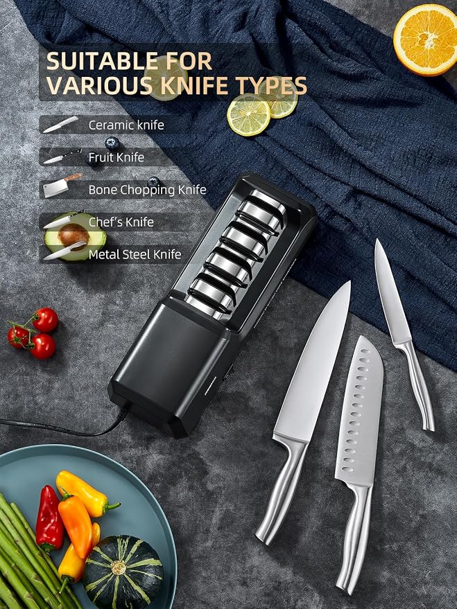 Reemix Electric Knife Sharpener with 4-Stage Sharpening (Repair, Coarse, Medium, Fine & Polish), 20° Fixed Angle, Non-Slip Base & Metal Shavings Collector for Kitchen Knives (Black)