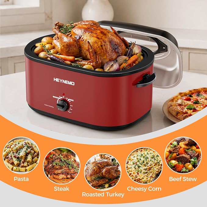 30 Quart Large Turkey Roaster with Defrost & Warm Functions, Electric Roaster Oven with Visible Self-Basting Lid, Adjustable Temperature Control, Removable Pan & Rack, Stainless Steel, Red