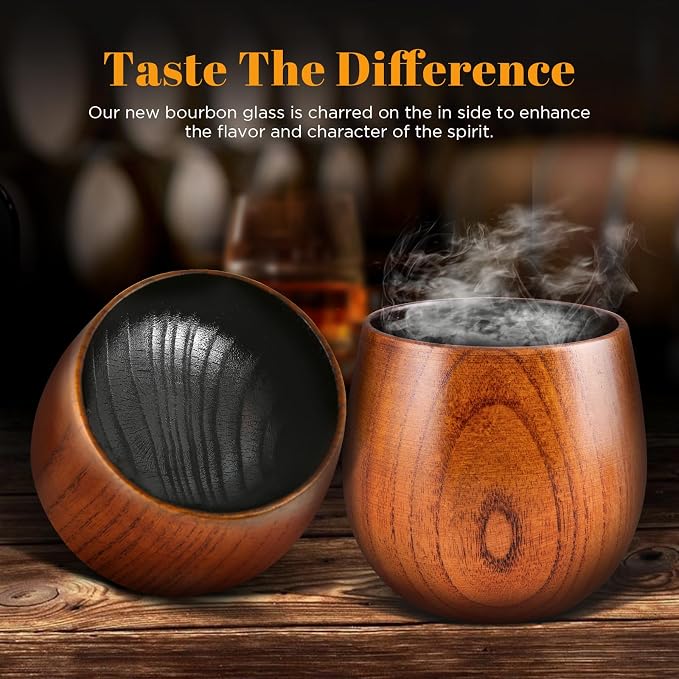 GENUINED 11oz Charred Wooden Bourbon Drinking Glass, Old Fashioned Smoke Whiskey Glasses Set of 2, Gifts for Men