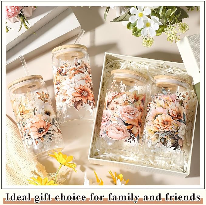 Mumufy 4 Pack Wildflower Glass Cups Gift Aesthetic Cute Glass Cup Tumbler Flower Iced Coffee Mugs 16 oz with Bamboo Lid & Straw, for Wedding Birthday Bridesmaid Mom Baby Shower