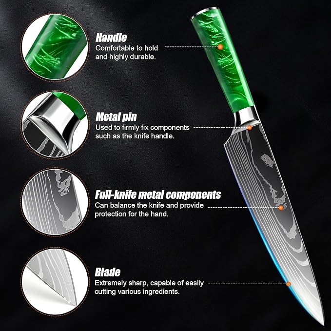 10-Piece Premium Japanese Kitchen Knife Set - Star Collection, Laser Damascus Pattern, 440A Stainless Steel Ultra Sharp for Fast Cutting (Green)